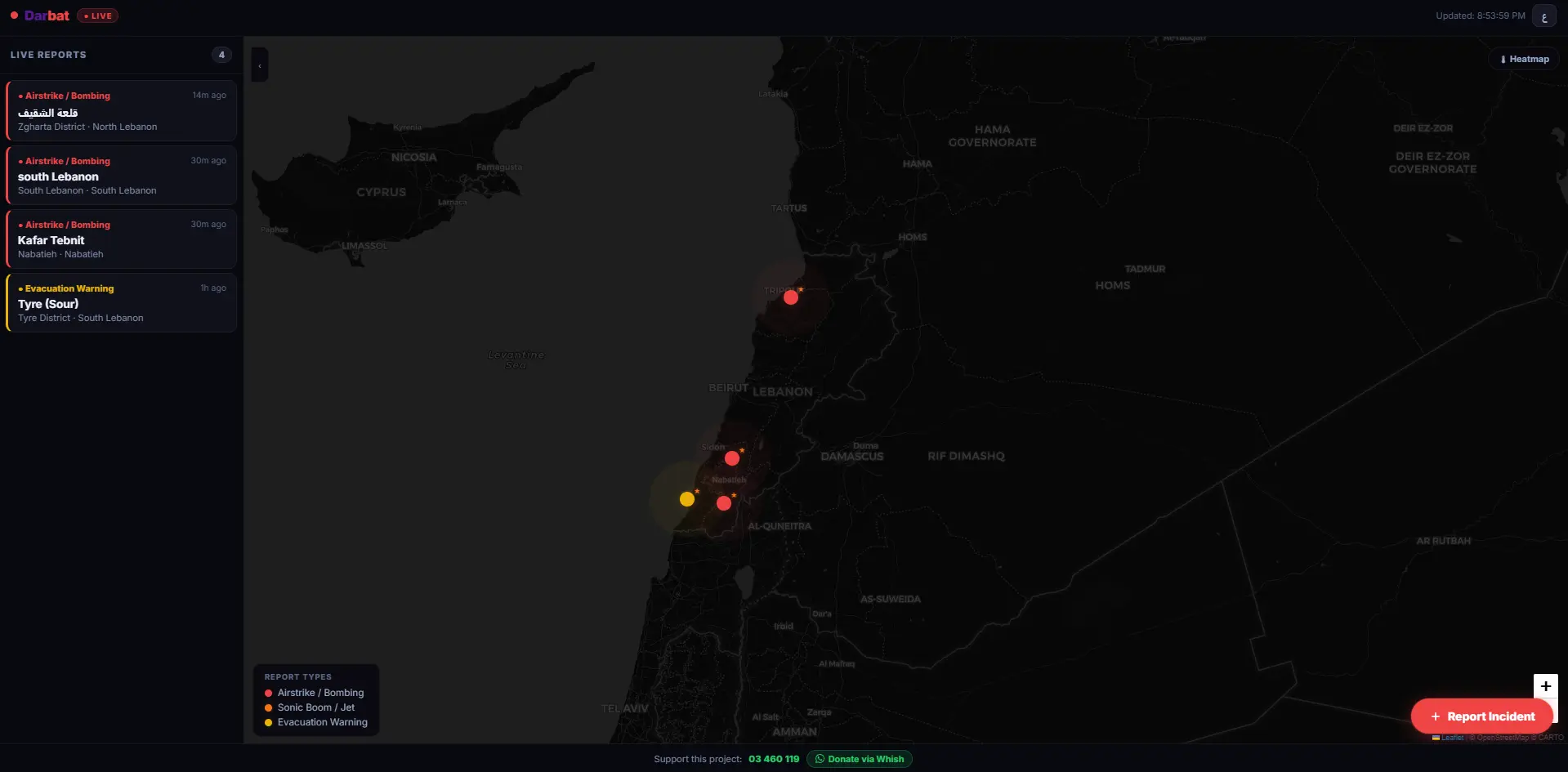 Darbat Lebanon safety map - main map view