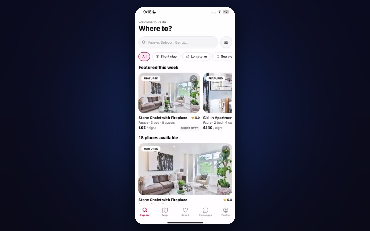 Vesta Chalets mobile app for booking chalets in Lebanon